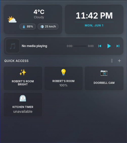 HA Desktop Widget main view showing weather, quick access tiles and media controls