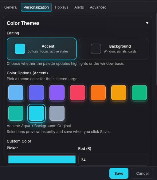 Personalization settings with color themes, accents and window opacity